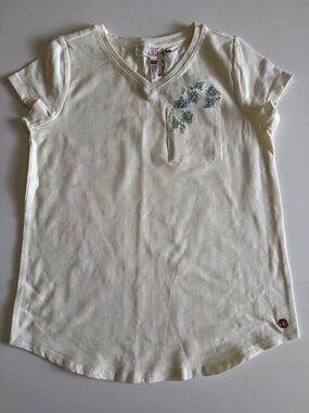 Matilda Jane Cream Short Sleeve V-Neck Tee with Blue & Green Floral Embroidery